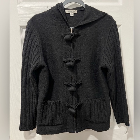 Women Medium-100 Wool Hoodie Cardigan Black Zip/Button Front - Picture 1 of 6